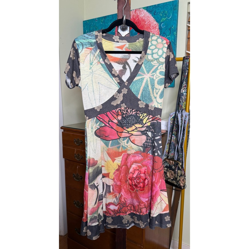 Desigual Y2K Abstract Floral and Geisha Girl Print Dress